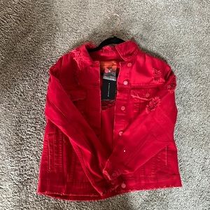 Red distressed jean jacket